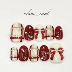 【現品・サイズ変更可能】セール中‼️No.57ネイルチップ赤リボンチェック推し活M