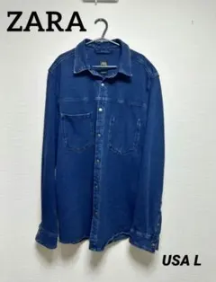 ZARA ダークブルー デニムシャツ 長袖 厚み 伸縮性あり USA L