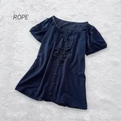 ROPE フリルブラウス パフスリーブ 半袖 M ネイビー きれいめ 上品