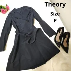 【オシャレ☆Theory】ダブル　黒　薄めトレンチコート　ベルトつき　サイズPのサムネイル