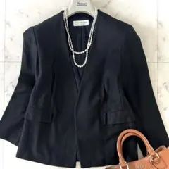 美品 トゥモローランド コットン100% ノーカラージャケット ブラック