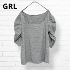 GRL✨ボーダー ギャザー袖 カットソー【Ｍ】スクエアネック 七分袖 コットン