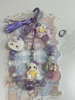 ハンドメイド じゃらじゃら スマホストラップ ビーズ パープル