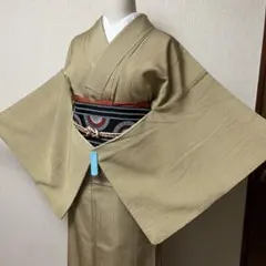 ベージュ地 (からし色地)細縞模様 粋な小紋 小粋な小紋カジュアル着物 よろけ縞のサムネイル
