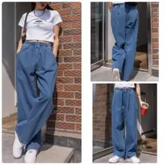 新品タグつきウエストゴムハイウエストデニムパンツ　ルーズ　ダークウォッシュ