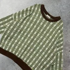 THYME ジャガード 総柄 ニット セーター チェック レトロ グリーン