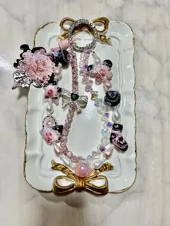 ハンドメイド ビーズストラップ ピンク系