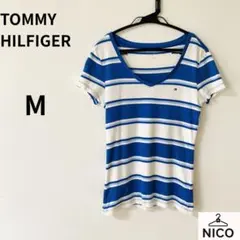 トミーヒルフィガー Tシャツ カットソー 半袖 ボーダー ブルー レディース M