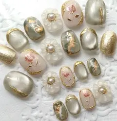 ネイルチップ ぷっくりお花/フラワー/大理石/薔薇/マグネットフルサイズb990