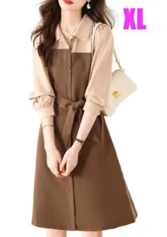 ワンピース レトロ アシンメトリー 切り替えワンピース 膝下 丈 長袖 春 秋