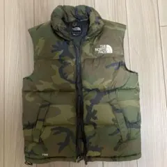 THE NORTH FACE 迷彩 ダウンベスト ノースフェイス ベージュ迷彩柄×ブラック フード付き 550フィル