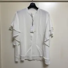新品未使用レディースフリル付きホワイトシャツ Lサイズ　裏地あり