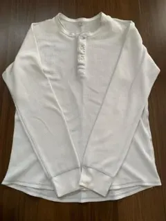 ホワイト ヘンリーネック 長袖 ワッフルTシャツ