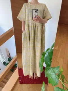 ハンドメイド リネン 半袖 チュニック ワンピース パープル ブロック