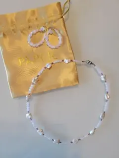 【新品】PAPEJE　淡水パールとローズクォーツのネックレス&ピアスセット