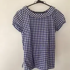 NIMES青と白のギンガムチェック フレンチ袖シャツ