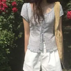 SHEIN ギンガムチェック 半袖ブラウス ブルー