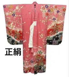 正絹　七五三　四つ身着物、長襦袢セット　ピンク　牛車、花柄デザイン