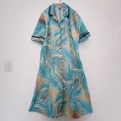 ヴィンテージ風 総柄ロングワンピース 半袖 ブルー レトロ 派手 古着