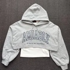 春に☆lovetoxic フード付きクロップドパーカー グレー S 140cm