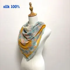 シルク100% 大判スカーフ シルク 花柄 イエロー×オレンジ