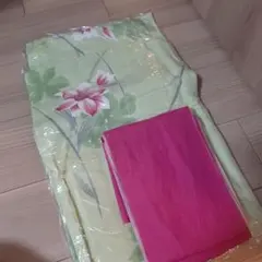 緑色花柄浴衣・ピンク帯セット