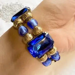ヴィンテージ　大粒ブルー＆ゴールドの2連ブレスレット コスチュームジュエリー