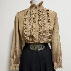 昭和レトロ フリル×プリーツ 光沢ドットブラウス ヴィンテージ