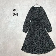 【GU】長袖　花柄カシュクールワンピース　黒　M ウエストマーク　大人可愛い