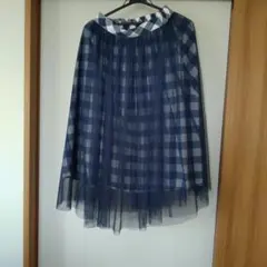 アース チュールフレアスカート ロング丈 チェック柄 ネイビー