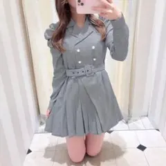 evelyn 開襟プリーツワンピース 千鳥 フリーサイズ