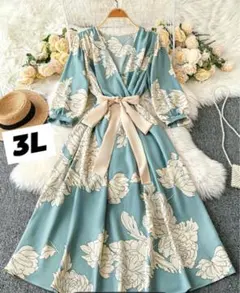 ミントグリーン×フローラル柄 カシュクール風ワンピース リボン付　春夏　3L