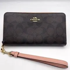 ● COACH 長財布●コーチ シグネチャー ストラップ ブラウン ピンク