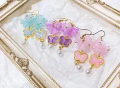 蝶々ピアス＆イヤリング ③ピンク 蝶々 花 大ぶり