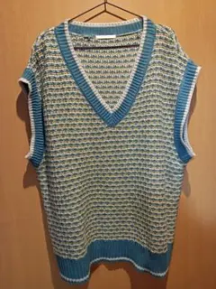 青と黄色のストライプ ニットベスト