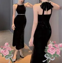 キャバドレス黒 ベルベット風ドレス Lサイズ