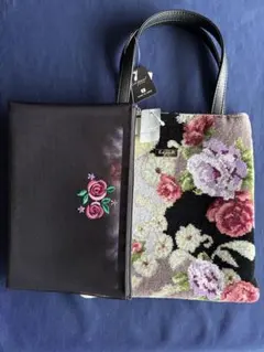 Enjeauアンジョー/ジェニール織り花柄刺繍トートバッグ⭕️セカンド小物入れ付き