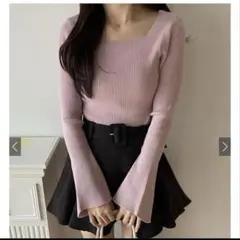 スクエアネックフレアスリーブリブニットトップス [k9153c]