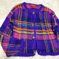 古着　モヘヤ混カラフルカーディガン　チェック　ピンク　パープル