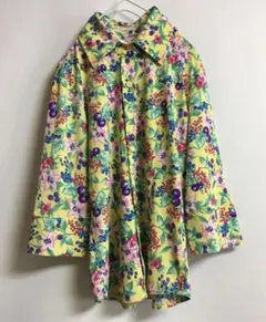 昭和レトロ イエロー タイトな花柄ブラウス 総柄シャツ 古着