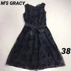 ✨美品✨エムズグレイシー ロング丈 ワンピース 薔薇 　リボン 黒 38