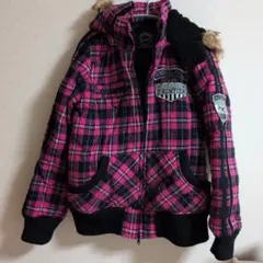 SKY BOMBER ピンクチェック フード付きジャケット LL