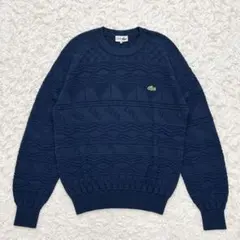 未使用級 CHEMISE LACOSTE ケーブルニット 総柄 セーター 紺 L