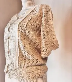 アイボリー レース編み カーディガン 七分袖