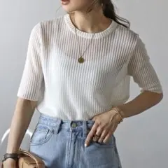 ボンジュールサガン　五分袖ラメニットプルオーバー　オフホワイト