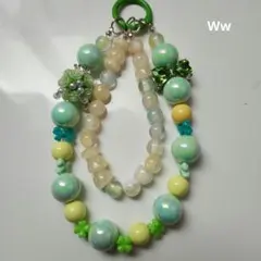 ハンドメイド ビーズグリーン系ビーズ携帯ストラップキーホルダー、キーリング