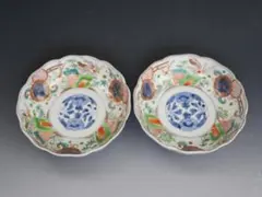 アンティーク 古伊万里 色絵金襴手 手描き 牡丹団龍文 輪花なます皿 二客