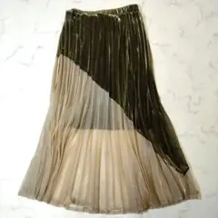 異素材切替 プリーツロングスカート 光沢　きれいめ　ダークコア