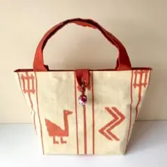 帯 リメイク ミニ トートバッグ 練色×朱色 抽象柄