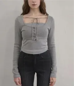 yilon RIB ENSEMBLE BUTTON TOPS グレー